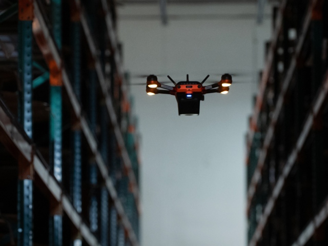 A Corvus One drone performs an inventory audit at LAPP USA's Brownsburg, IN facility.