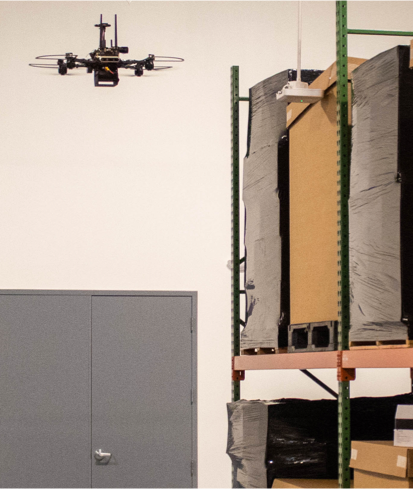 autonomous drone in a warehouse