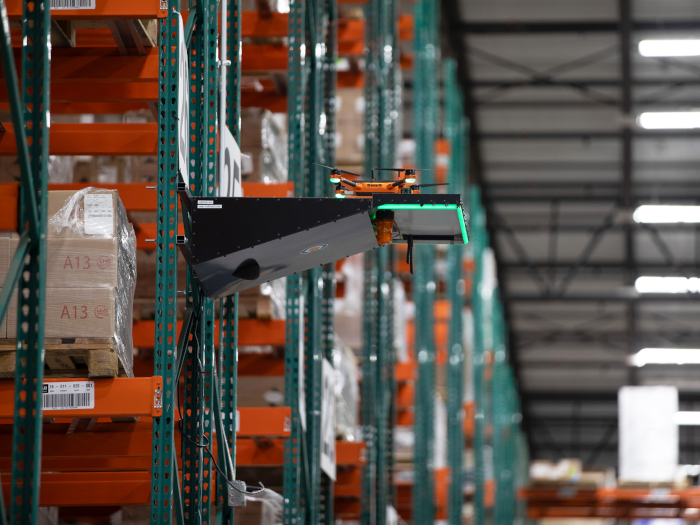 Corvus One drone performing single-deep case counting in reserve rack storage