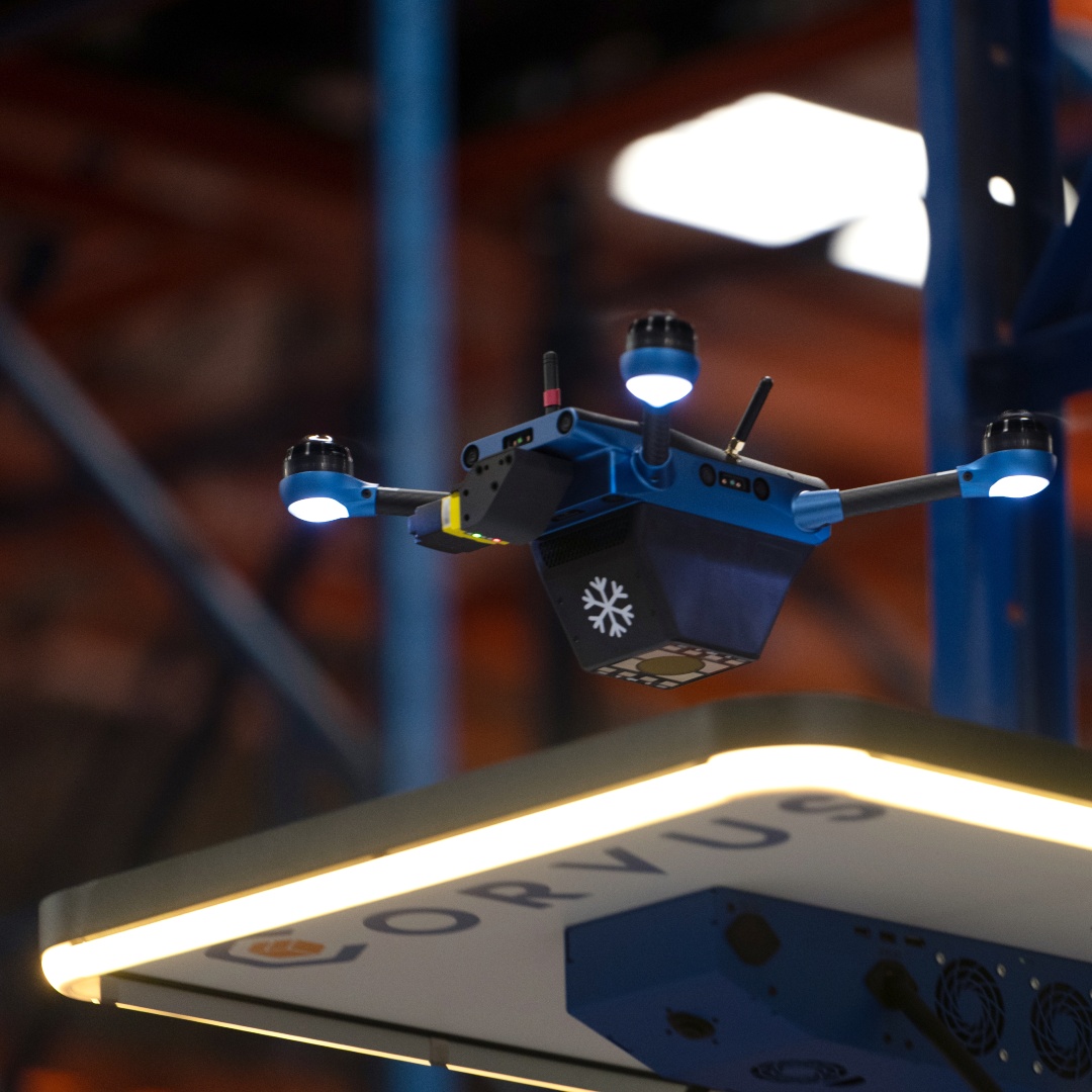 Corvus One drone launching in a cold chain freezer warehouse environment