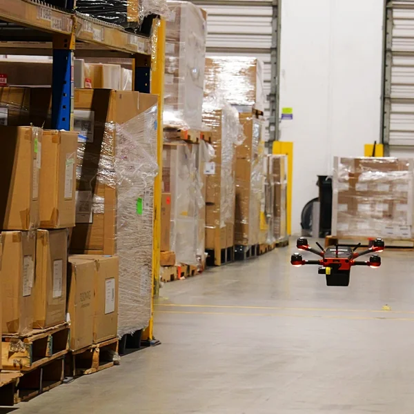 Corvus One drone autonomously navigates Dermalogica's warehouse aisles at the Carson, CA global headquarters