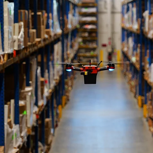 A Corvus One autonomous inventory drone takes off from its landing pad at Dermalogica's headquarters in Carson, CA