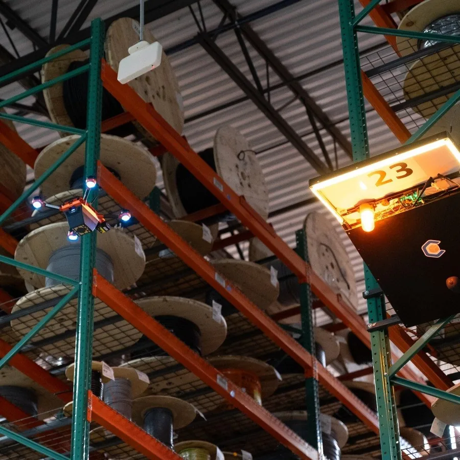 A Corvus One autonomous inventory drone scans cable reels stored on rack location 23 at LAPP USA's Brownsburg, Indiana distribution center