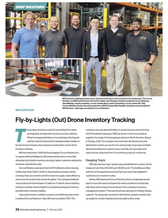 Manufacturing Engineering February 2025 headline story featuring MSI Surfaces and Corvus Robotics drone inventory tracking