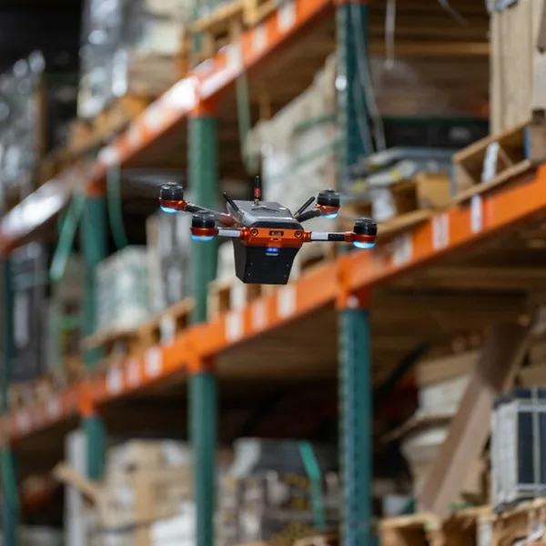 A Corvus One autonomous drone in flight at an MSI Surfaces distribution center, scanning pallet positions and rack labels for inventory validation