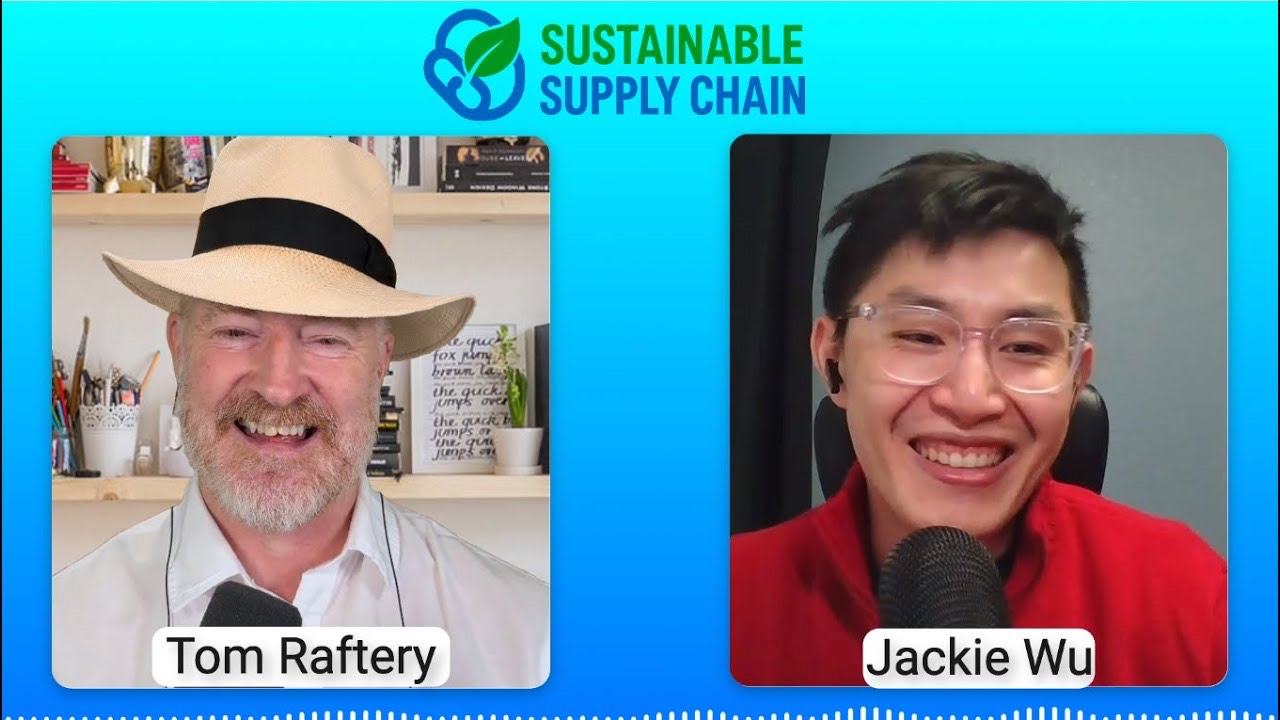 Jackie Wu of Corvus Robotics recording The Sustainable Supply Chain Podcast with Tom Raftery